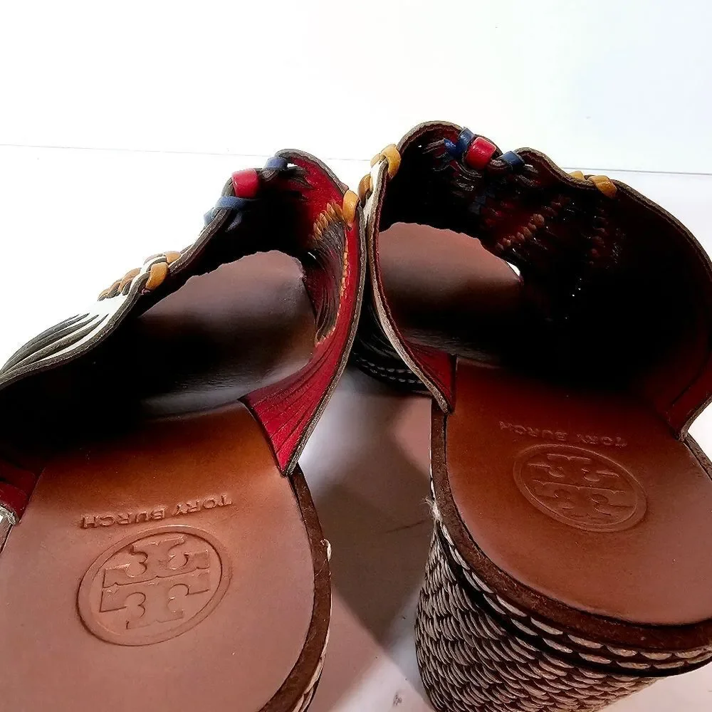 Tory Burch Pecha Woven Leather Stitched Block Heel Mules 8 LIKE NEW!